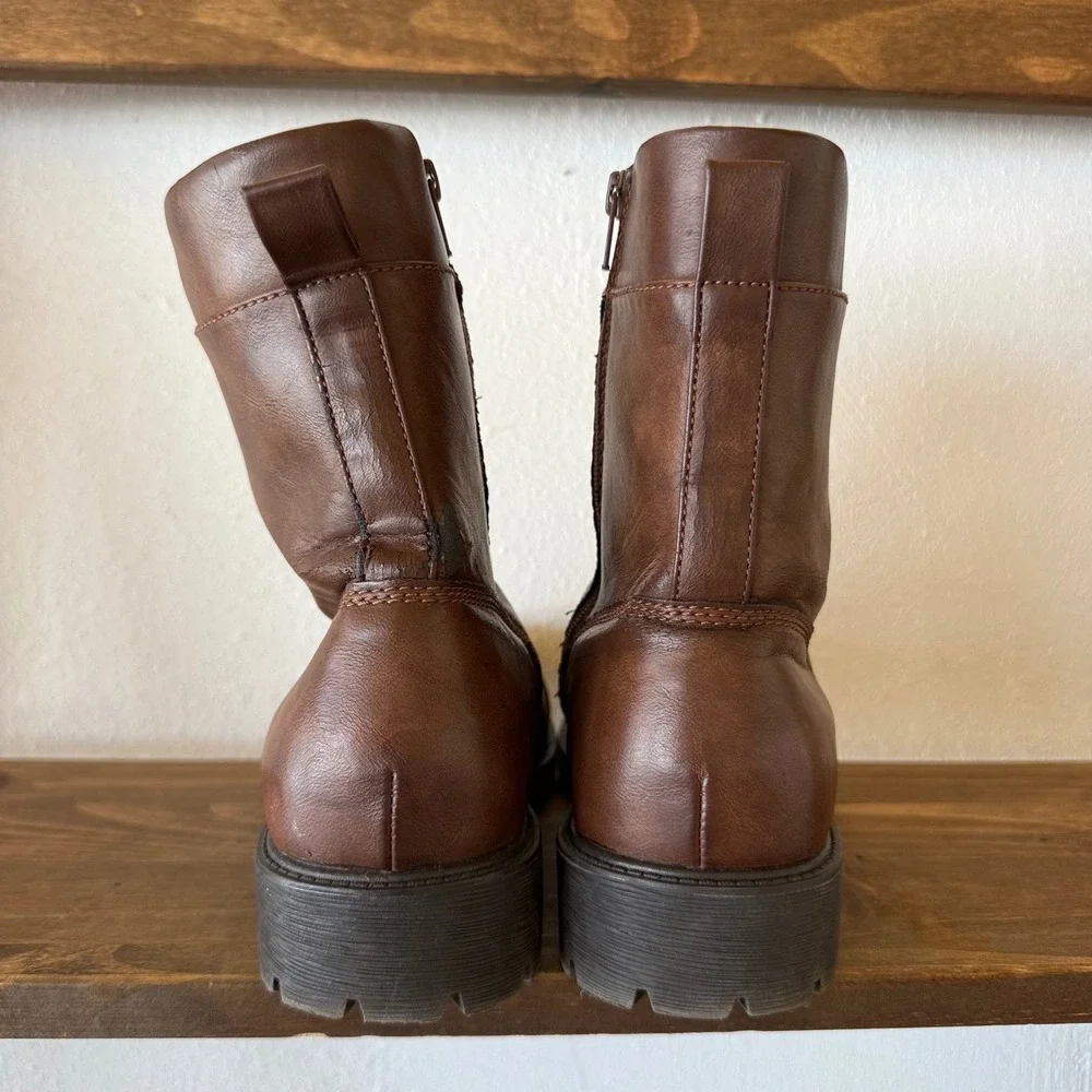 Frye & Co Kane Mens 11M Brown Combat Boots Cap Toe Lace Up Side Zip